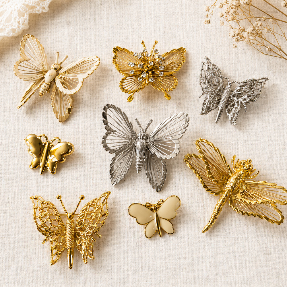 Lot of 8 Signed Monet Butterfly Dragonfly Brooch Vintage Gold Silvertone Jewelry
